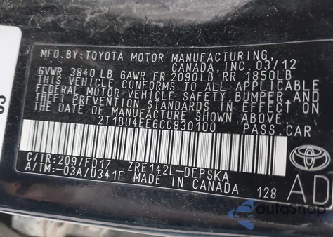 2012 Toyota Corolla S from USA, damaged, VIN 2T1BU4EE6CC830100